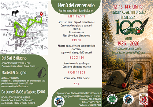 Centenario del Gruppo Alpini Susa
12-13-14 giugno